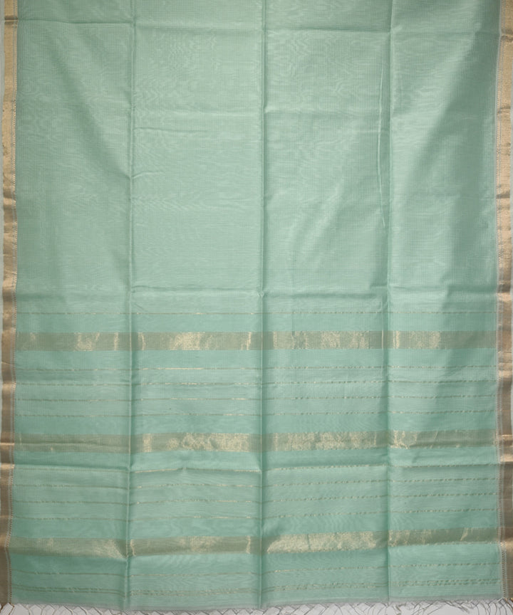Pale aqua golden handloom cotton silk maheshwari saree