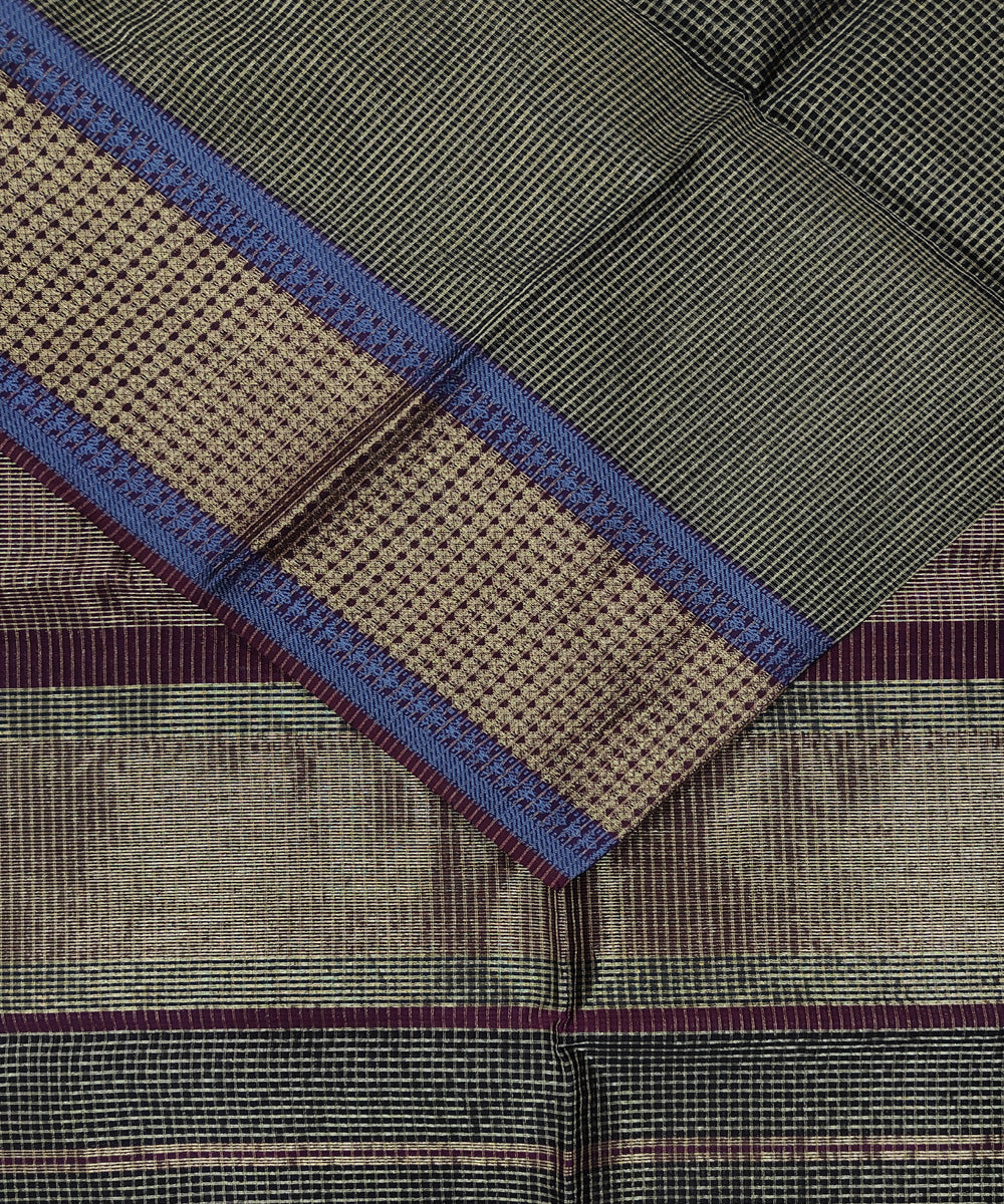 Black golden zari checks handwoven cotton silk maheshwari saree