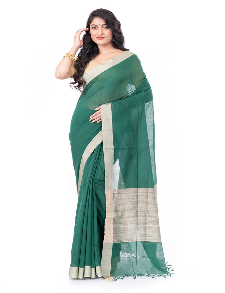 Dark green handloom bengal cotton tangail saree