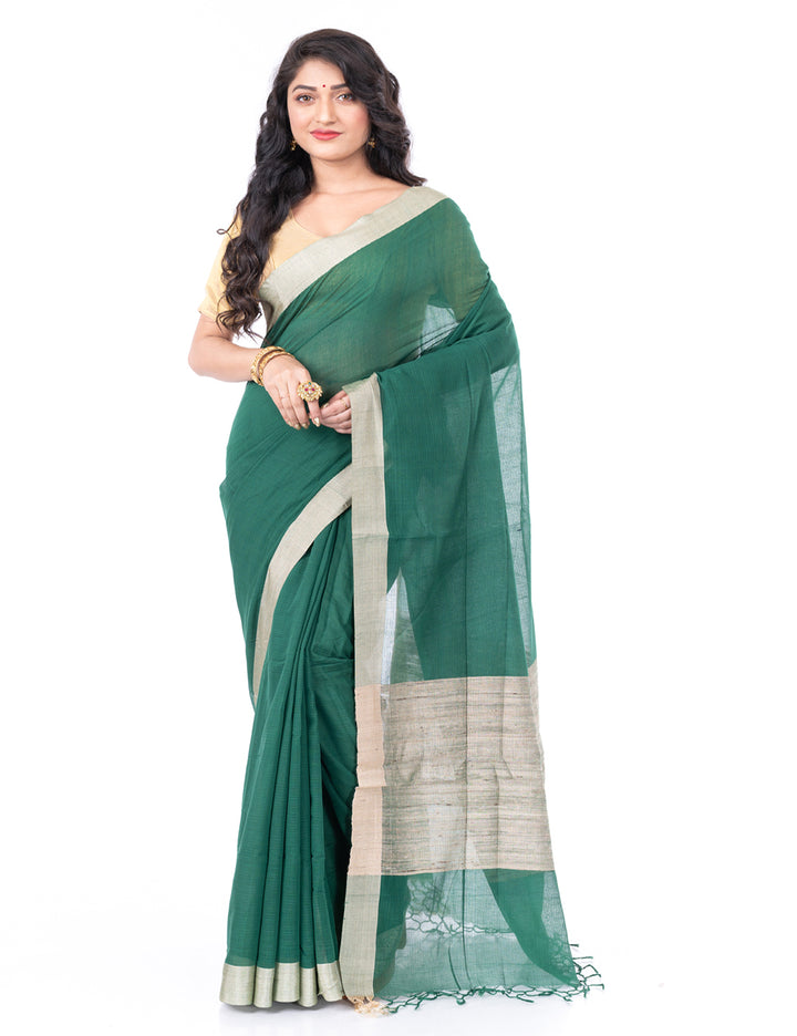 Dark green handloom bengal cotton tangail saree