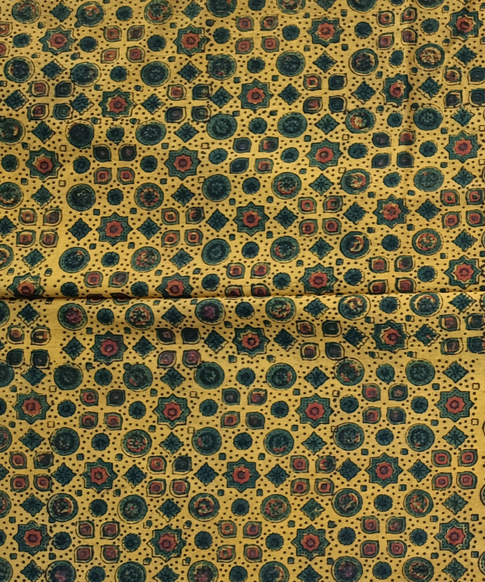 2.5m Yellow green ajrakh print handspun hand woven cotton kurta fabric