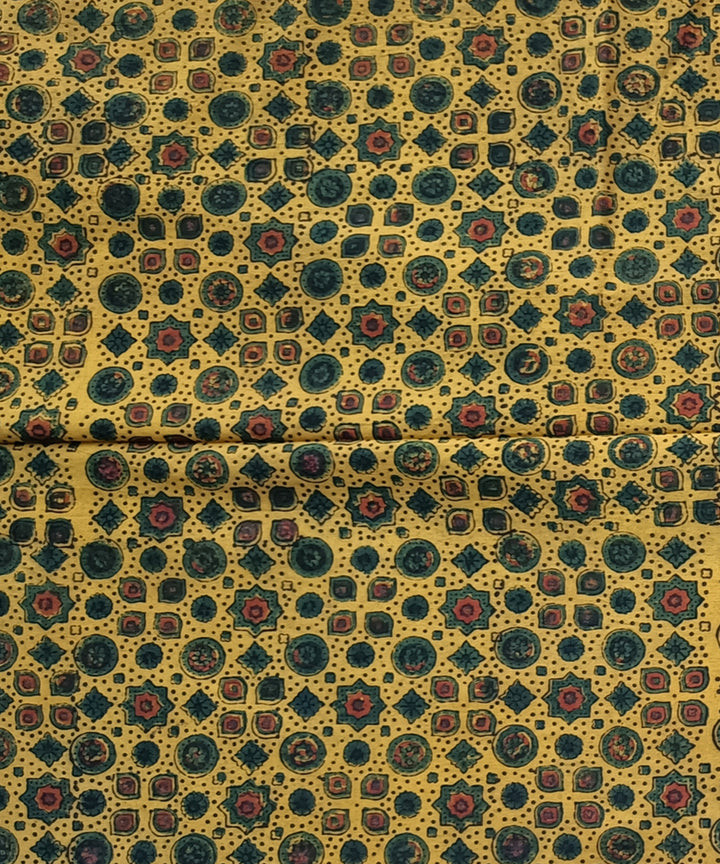 2.5m Yellow green ajrakh print handspun hand woven cotton kurta fabric