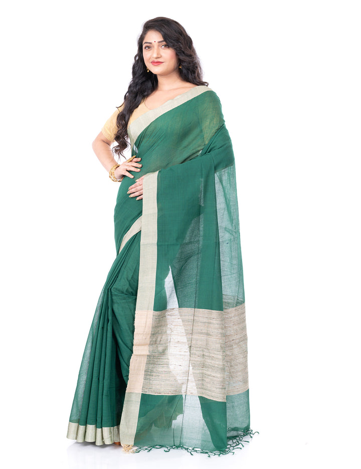 Dark green handloom bengal cotton tangail saree