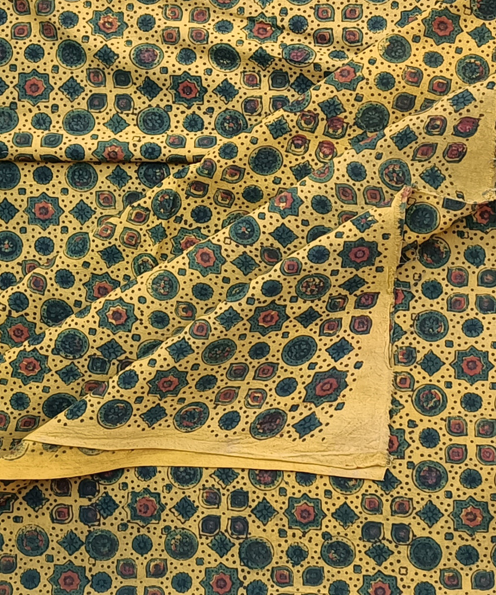 2.5m Yellow green ajrakh print handspun hand woven cotton kurta fabric