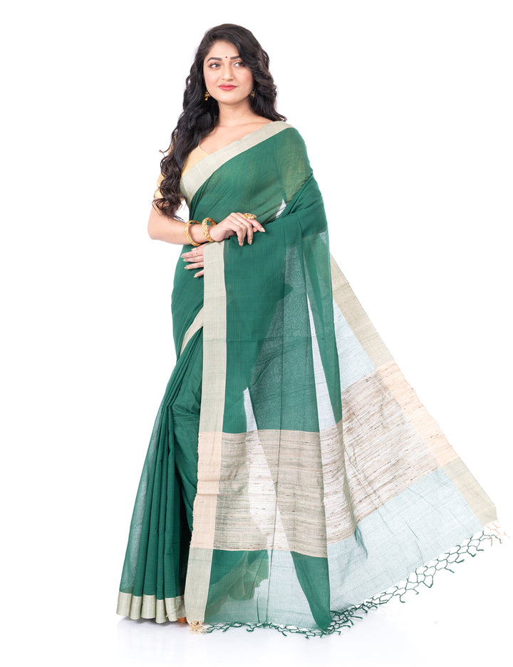 Dark green handloom bengal cotton tangail saree