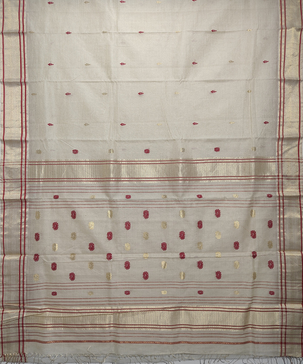 Beige red handwoven cotton silk maheshwari saree