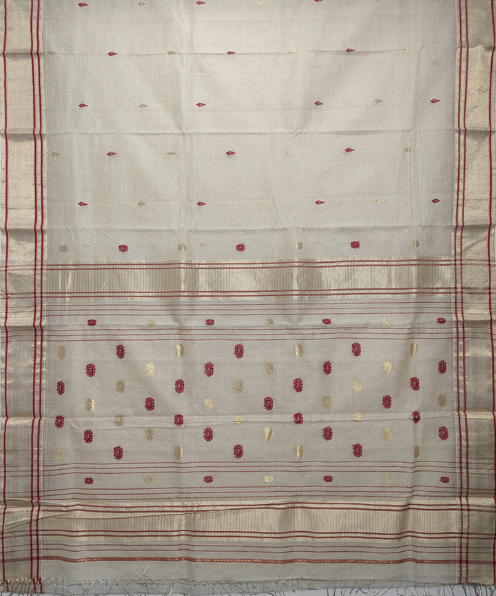 Beige red handwoven cotton silk maheshwari saree