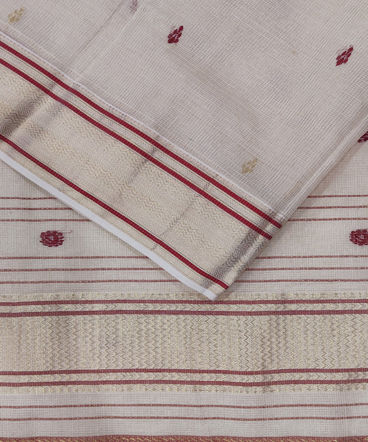 Beige red handwoven cotton silk maheshwari saree