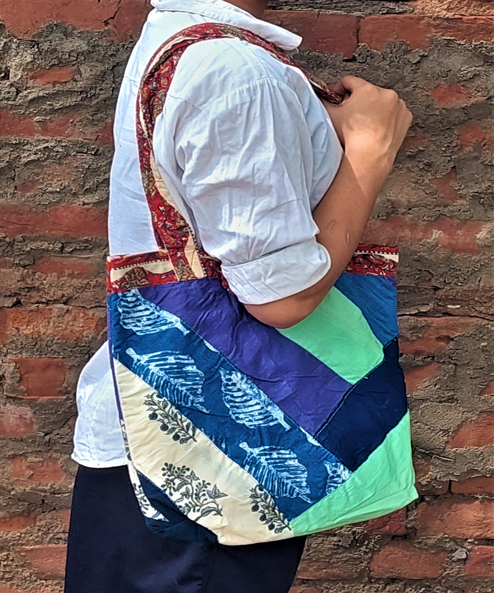 Blue pink handmade cotton katta sling bag