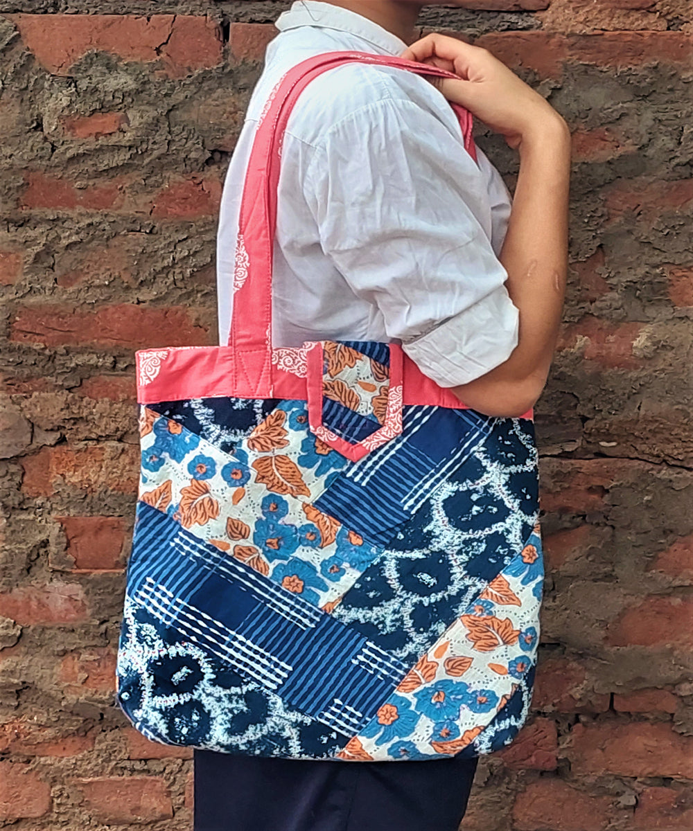 Blue pink handmade cotton sling bag