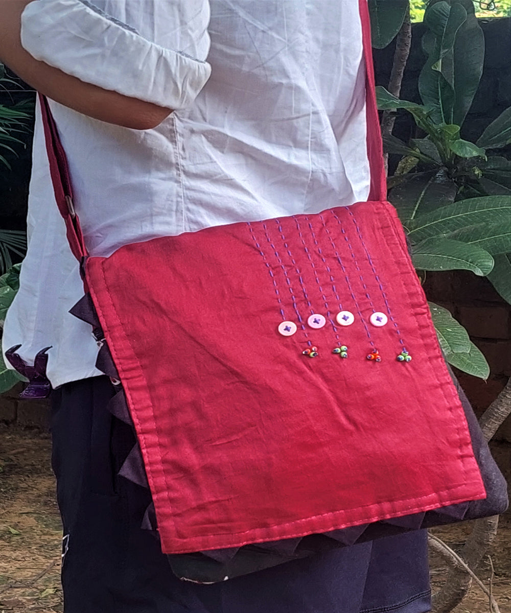 Dark pink handmade thread work cotton sling bag