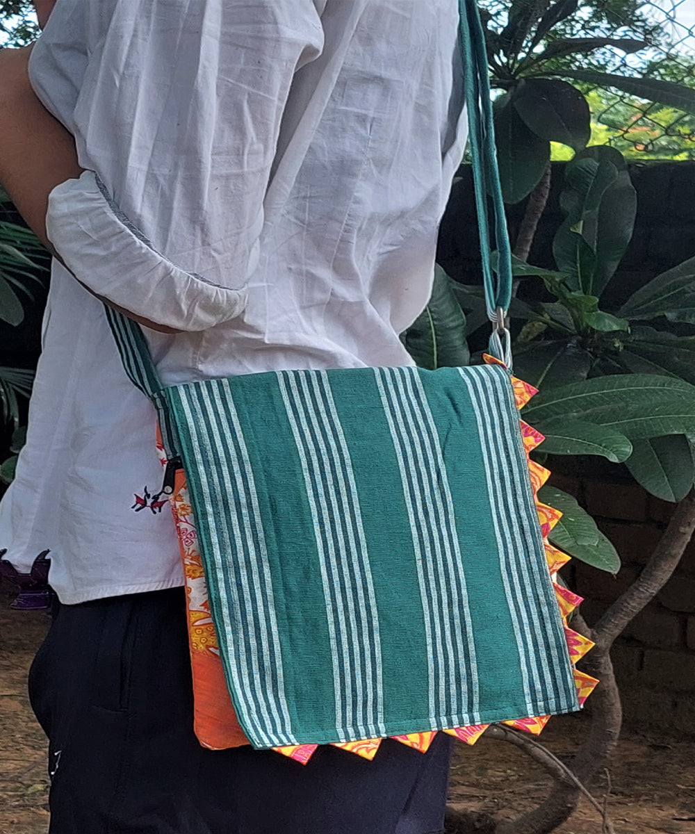 Green handmade thread work cotton sling bag
