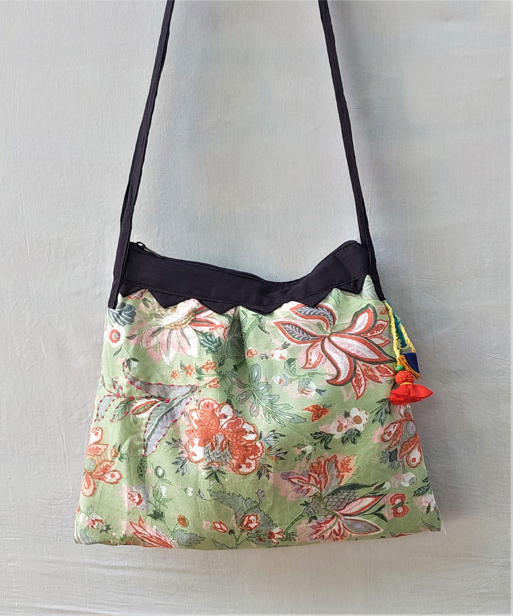 Green handcrafted vegetable dye cotton sling bag