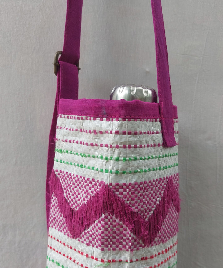 Blue brown handcrafted embroidery canvas bottle bag