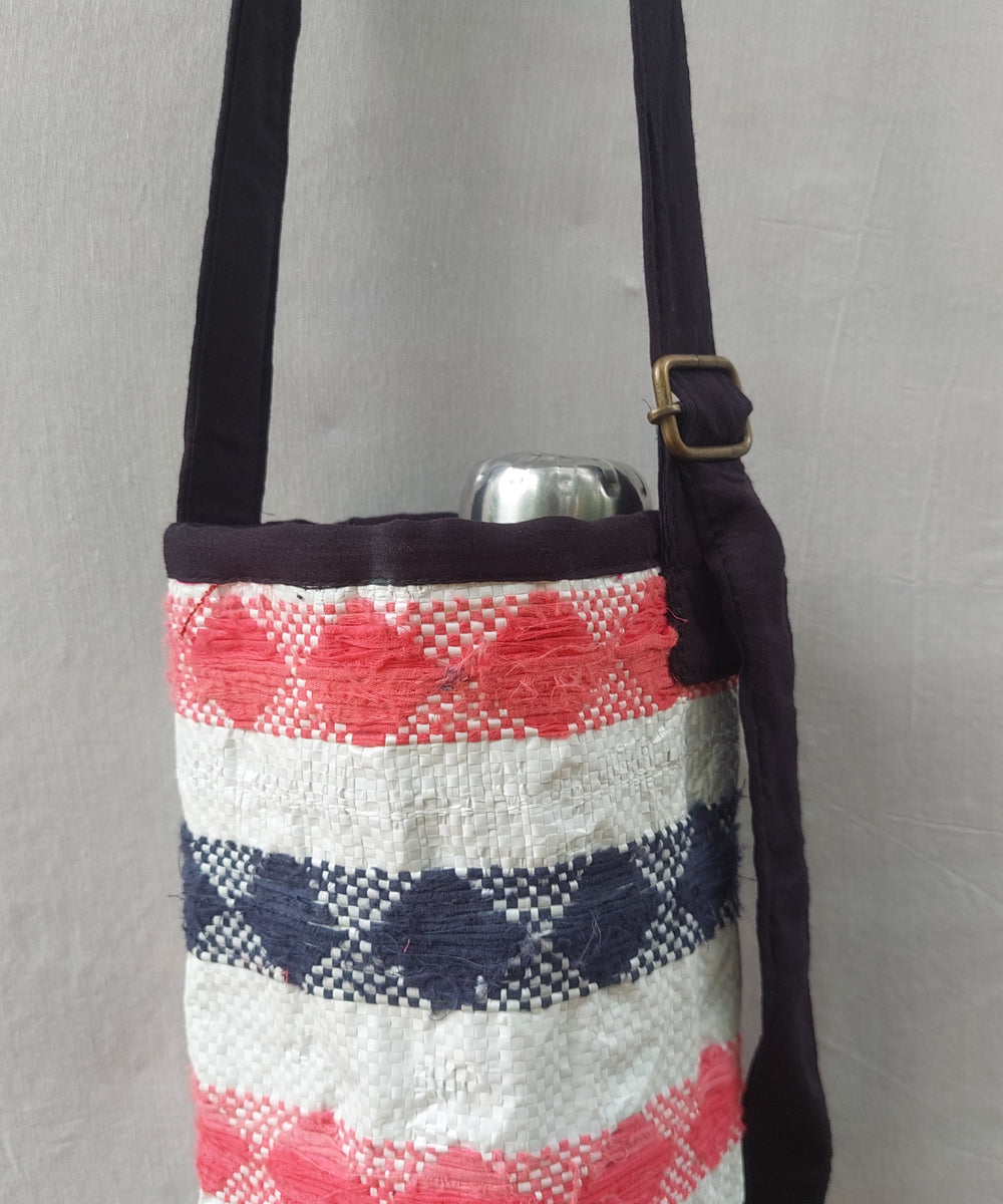 Black pink handcrafted embroidery canvas bottle bag