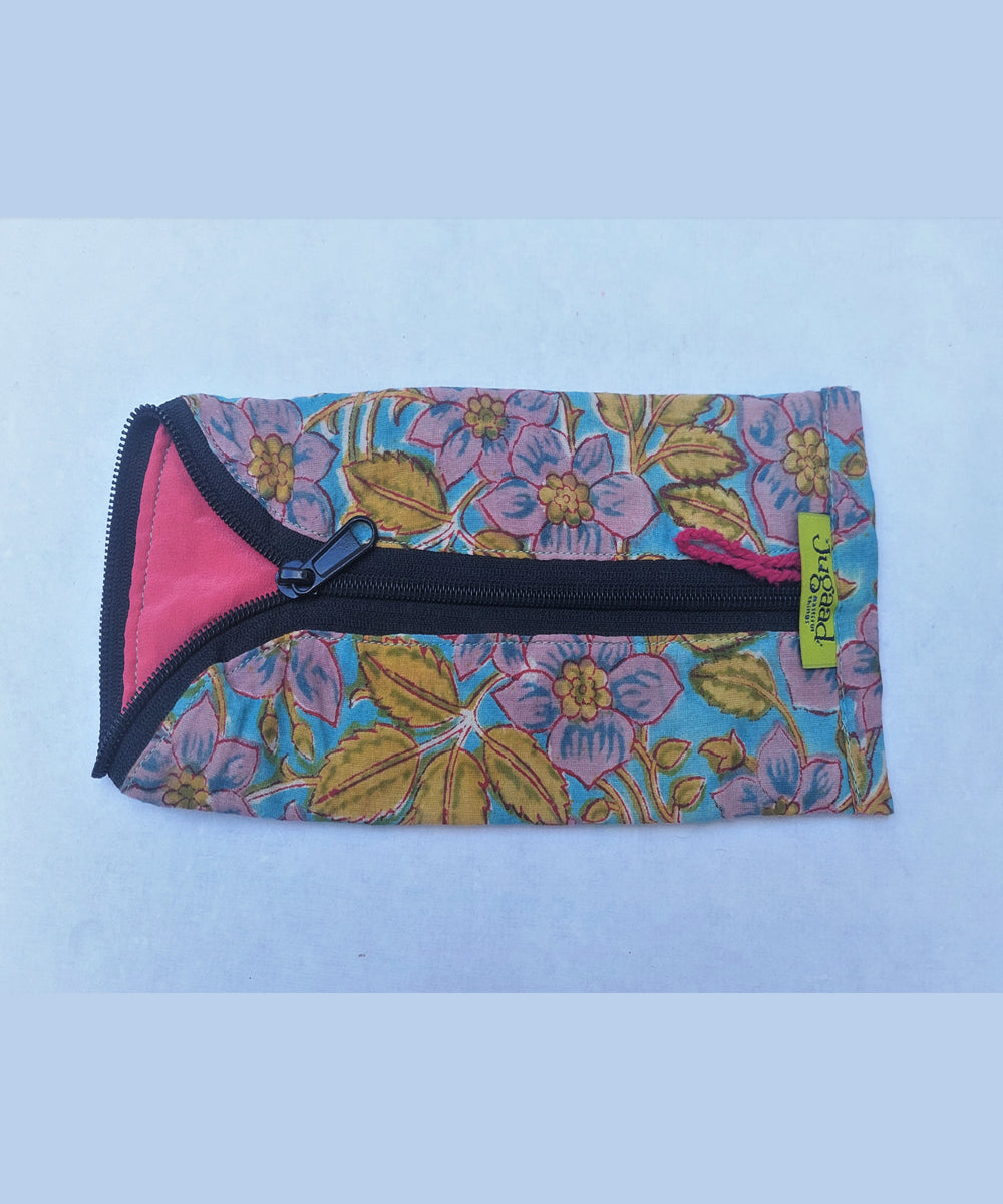 Pink blue handmade cotton katran pencil pouch