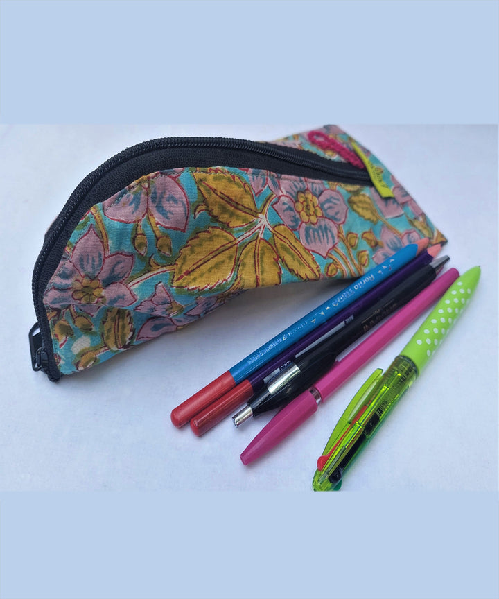 Pink blue handmade cotton katran pencil pouch