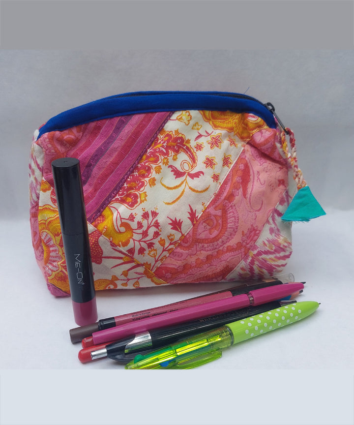 Pink handcrafted katta cotton toilet pouch(small)