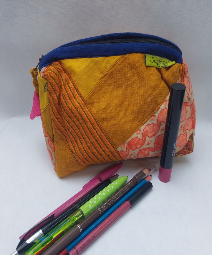 Orange handcrafted katta cotton toilet pouch(small)