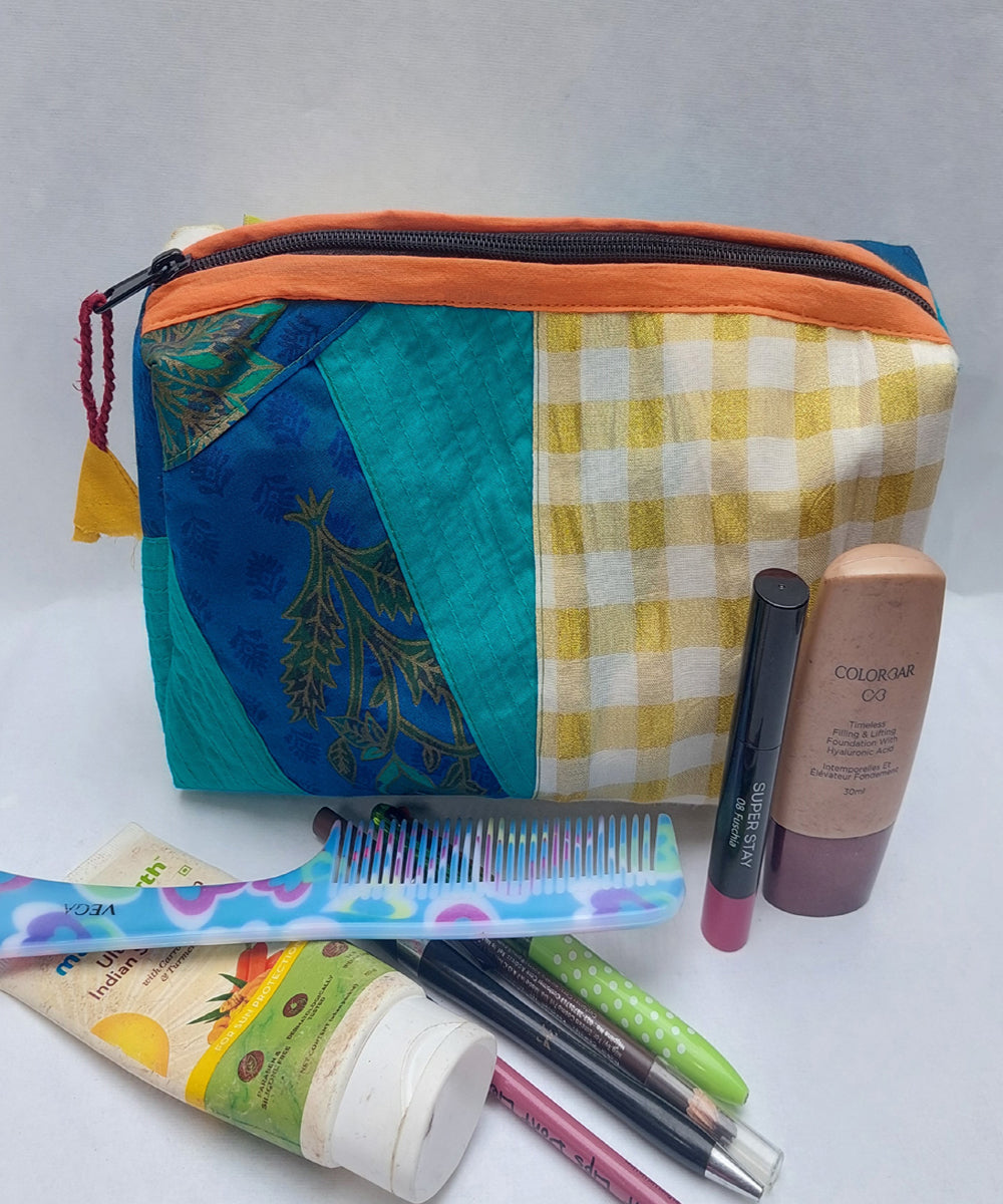 Yellow blue handcrafted cotton katran toilet pouch(big)