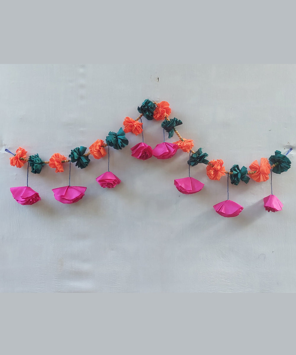 Orange pink green handcrafted cotton silk toran