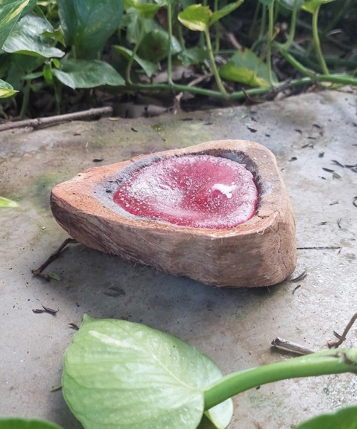 Red handcrafted flat coconut shell candle