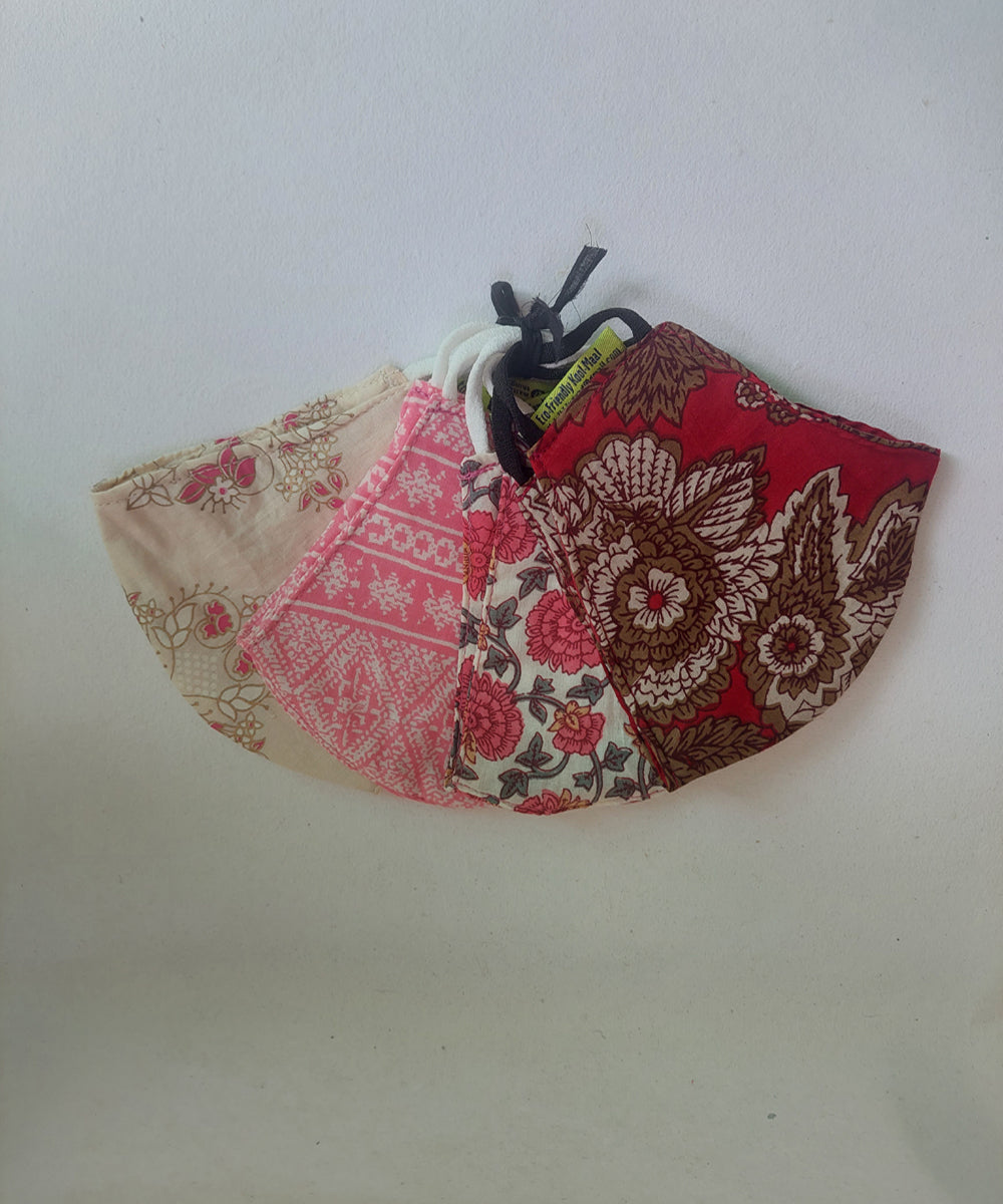 Multicolour handblock print cotton mask set of 4