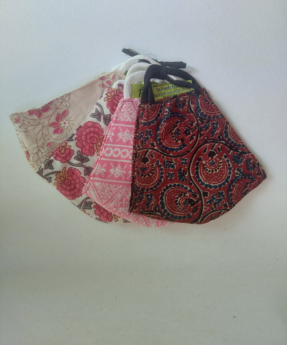 Multi color handblock print cotton mask set of 4