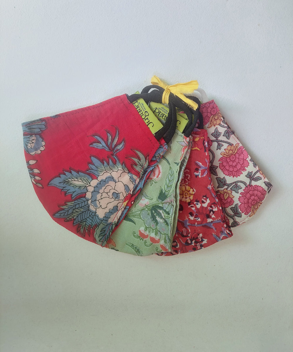 Multicolour hand block print cotton mask set of 4