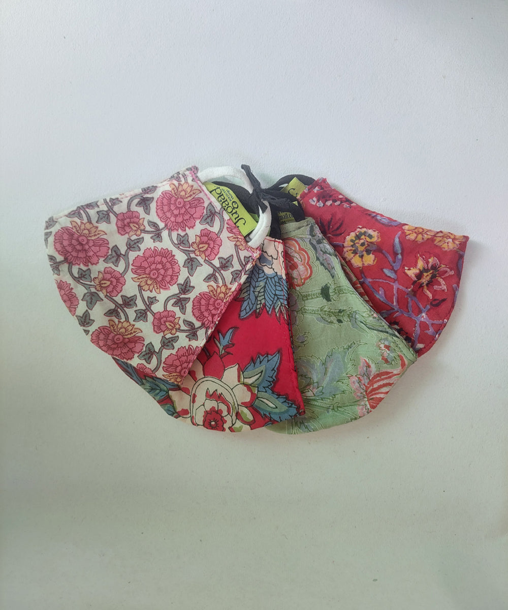 Multi color hand block print cotton mask set of 4