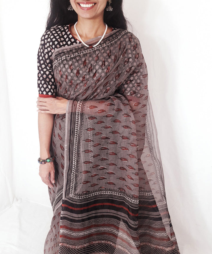 Grey maroon handblock print kota doriya cotton dabu saree
