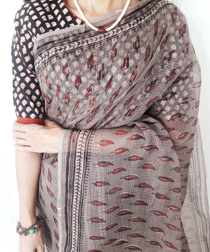 Grey maroon handblock print kota doriya cotton dabu saree