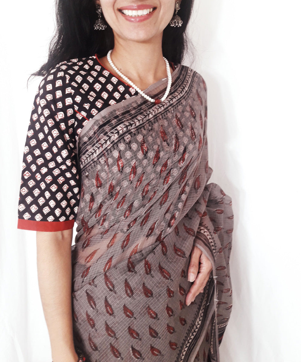 Grey maroon handblock print kota doriya cotton dabu saree