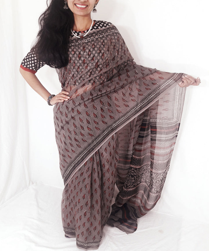 Grey maroon handblock print kota doriya cotton dabu saree