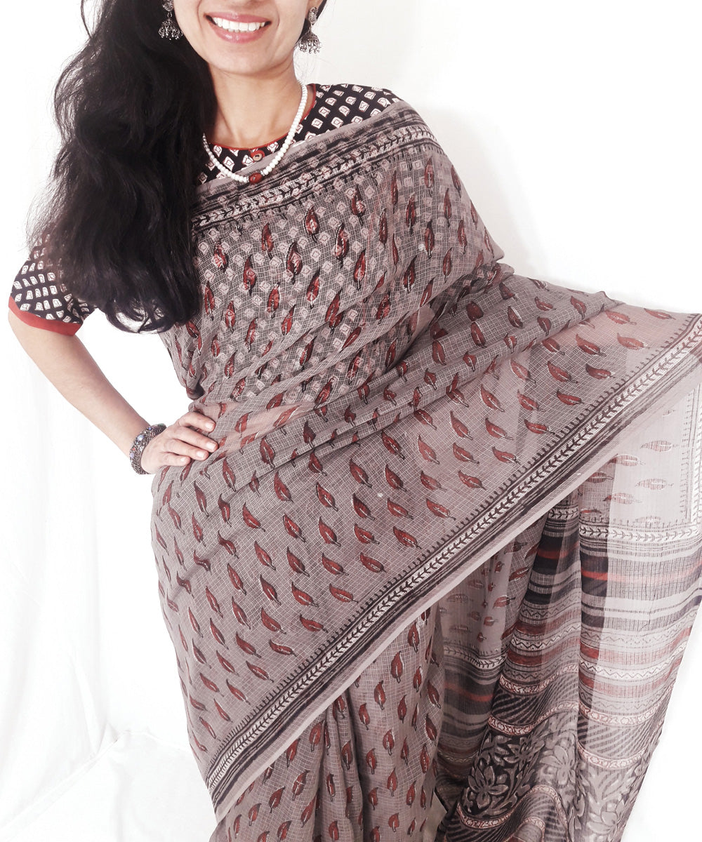 Grey maroon handblock print kota doriya cotton dabu saree
