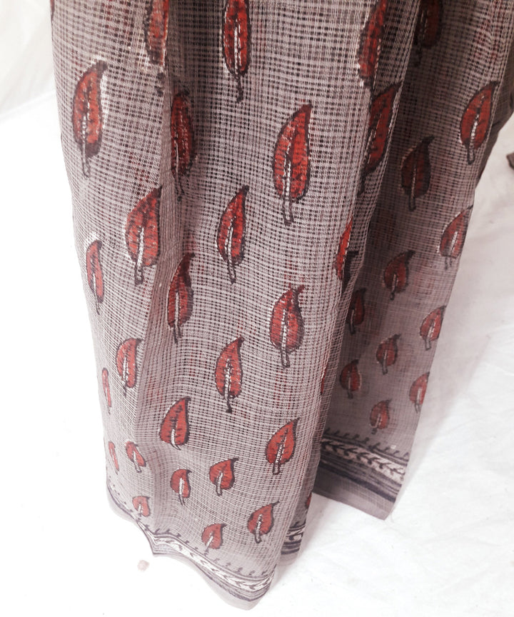 Grey maroon handblock print kota doriya cotton dabu saree