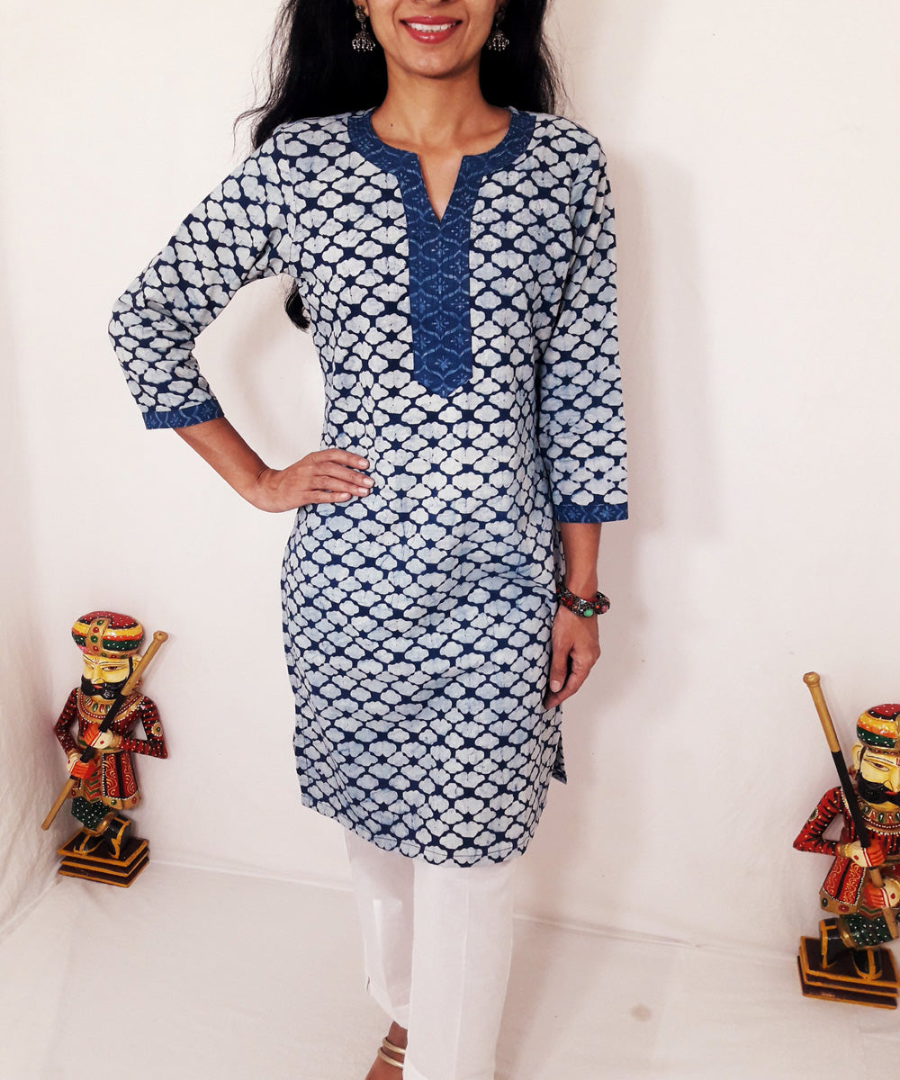Indigo white hand block print cotton kurti