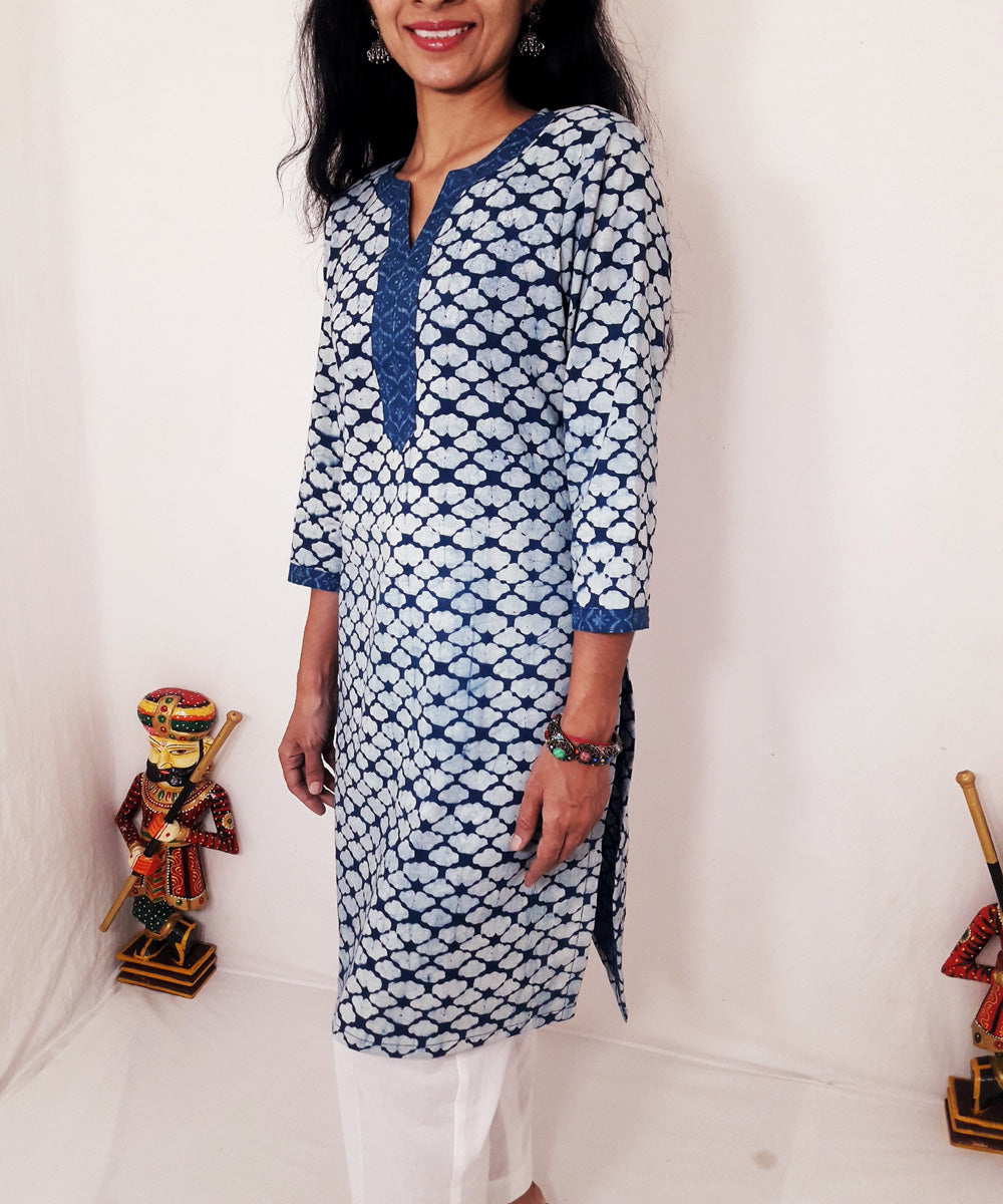 Indigo white hand block print cotton kurti