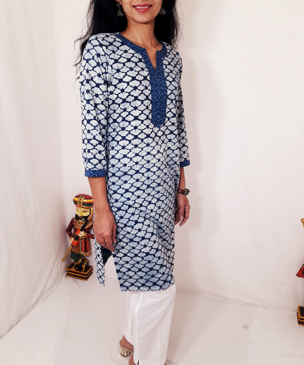 Indigo white hand block print cotton kurti