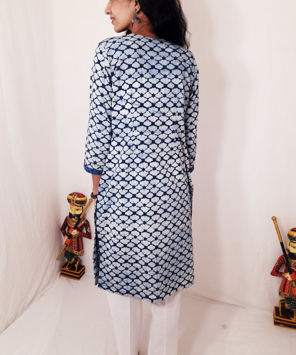 Indigo white hand block print cotton kurti