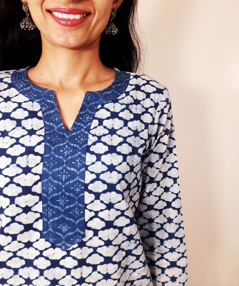 Indigo white hand block print cotton kurti
