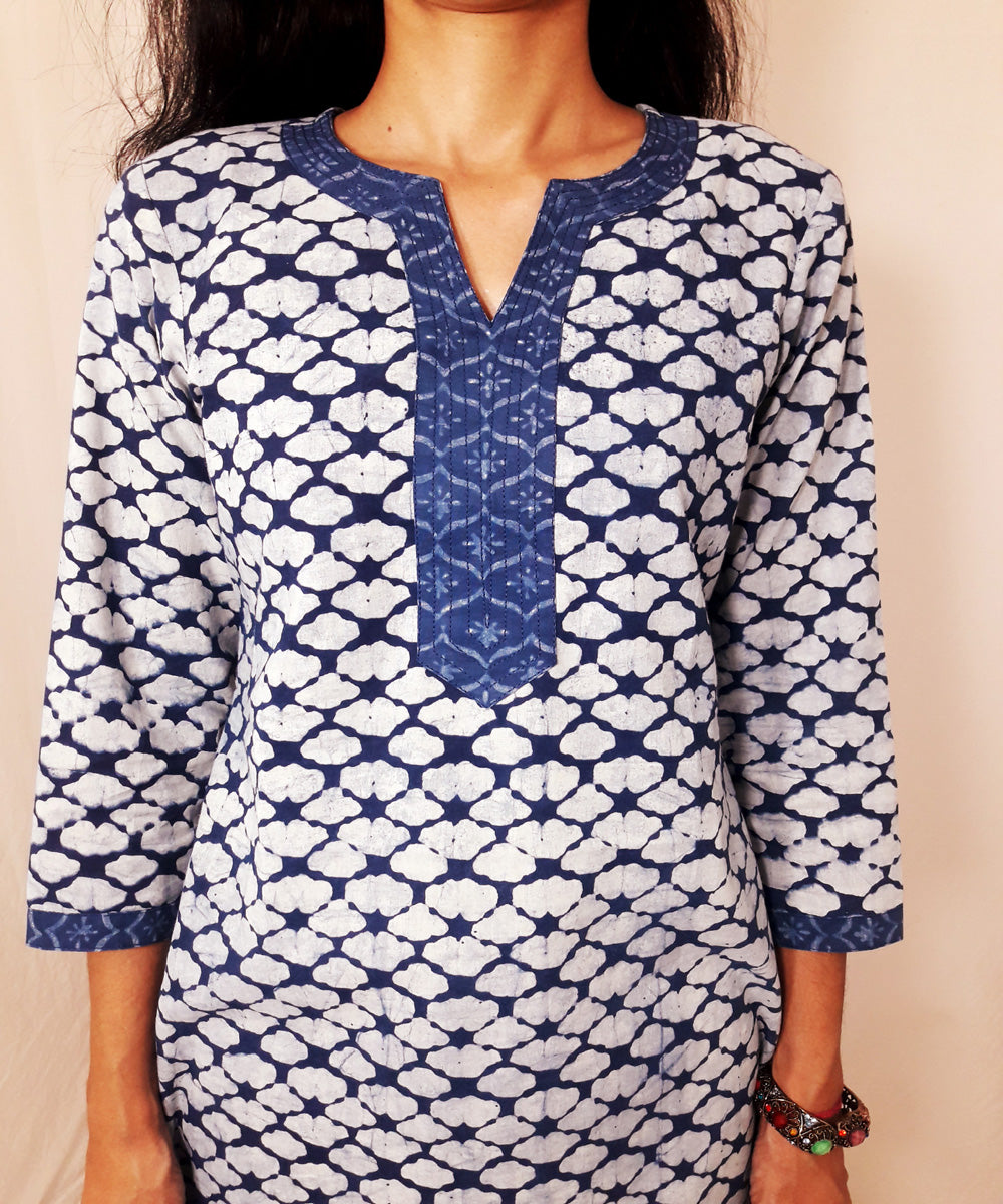 Indigo white hand block print cotton kurti