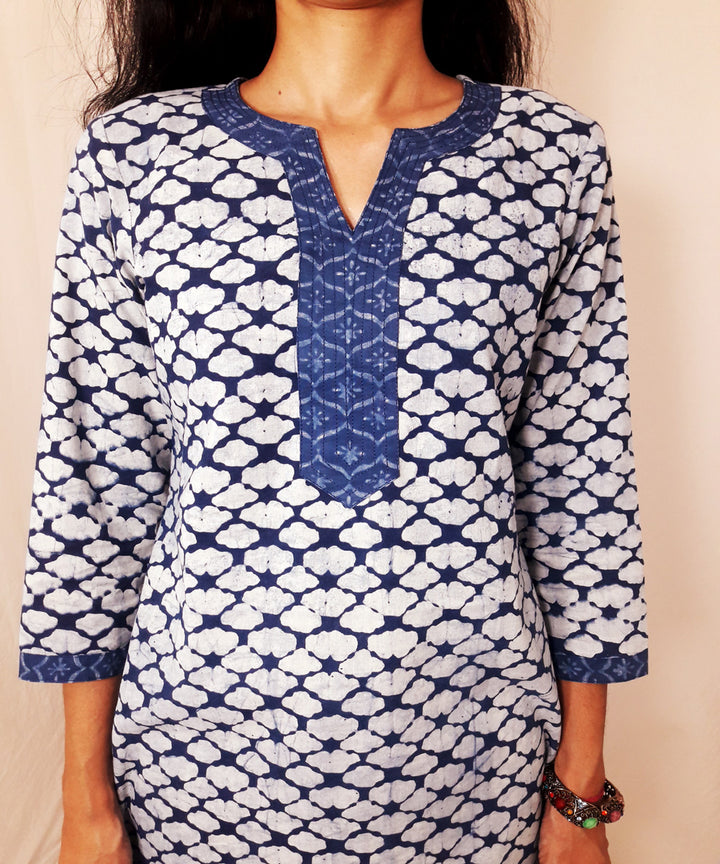 Indigo white hand block print cotton kurti