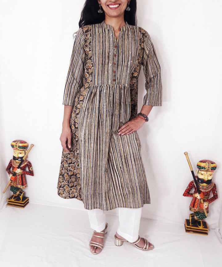 Olive green hand block printed cotton kurti