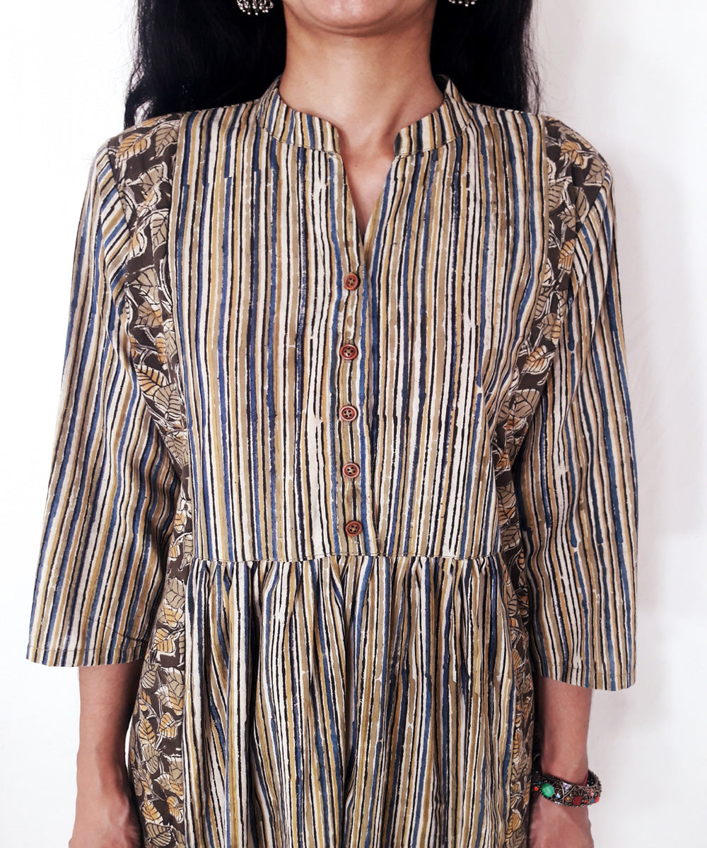 Olive green hand block printed cotton kurti
