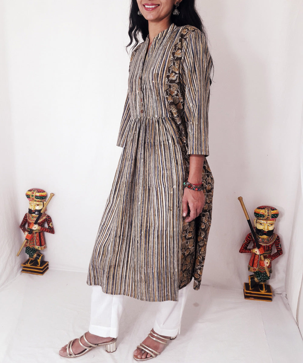 Olive green hand block printed cotton kurti