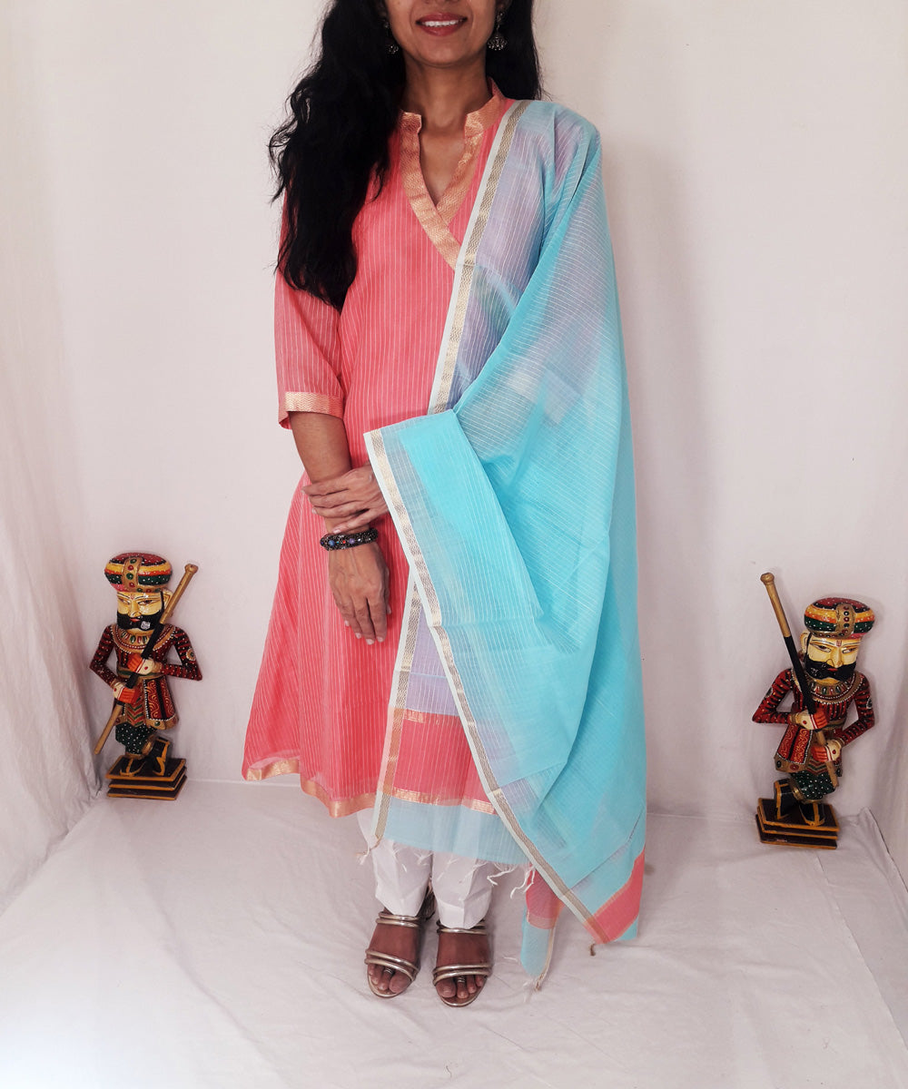 Pink blue maheshwari silk kurti and dupatta set