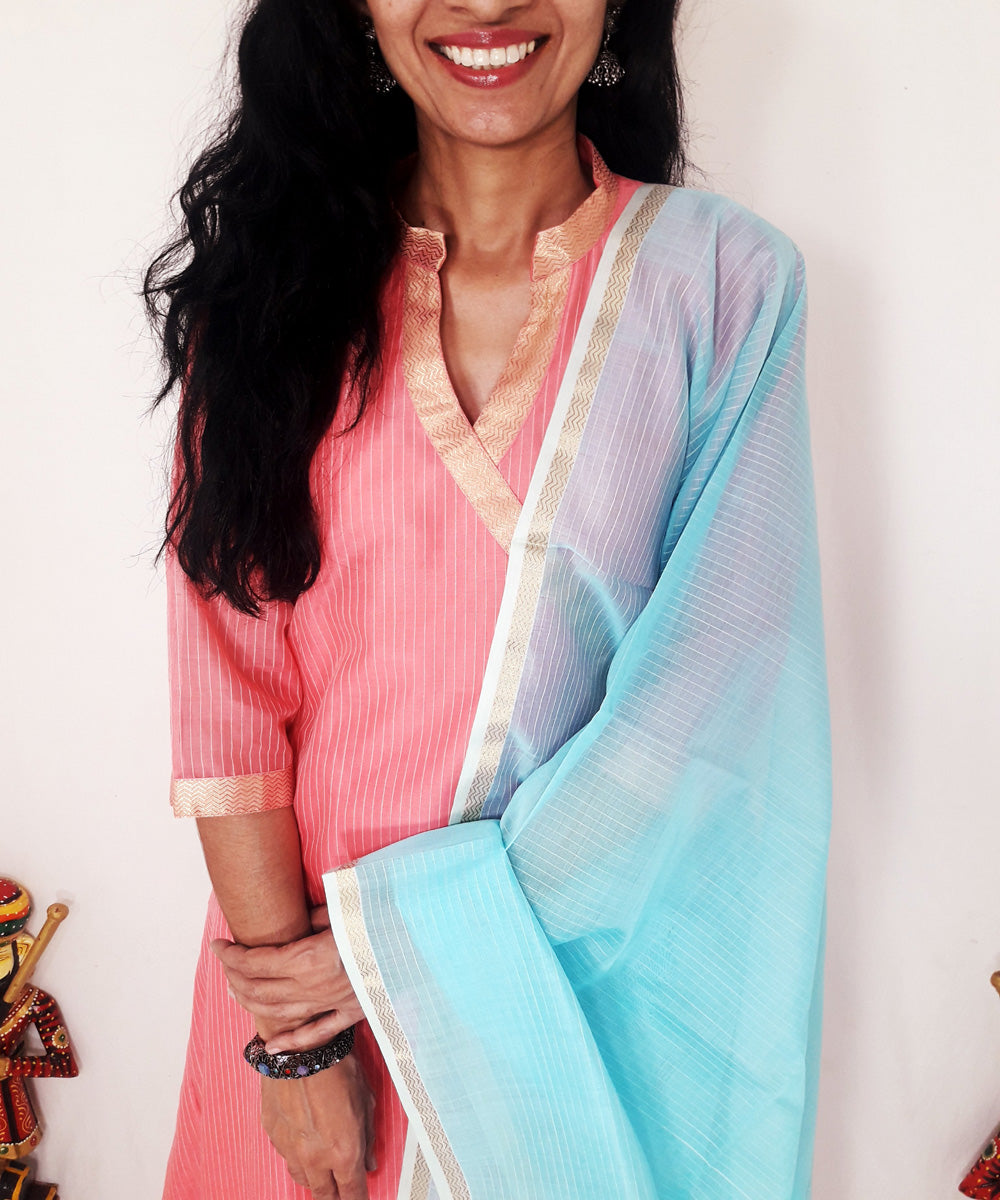 Pink blue maheshwari silk kurti and dupatta set