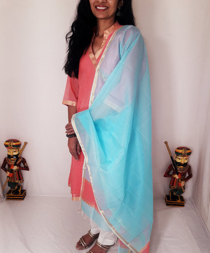 Pink blue maheshwari silk kurti and dupatta set