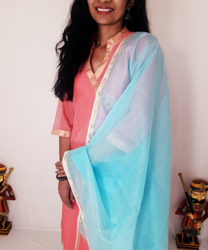 Pink blue maheshwari silk kurti and dupatta set